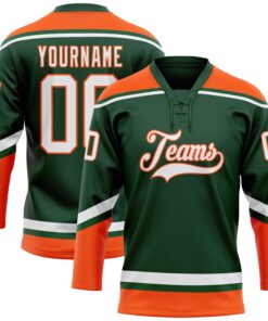 Custom Green White-Orange Hockey Lace Neck Jersey