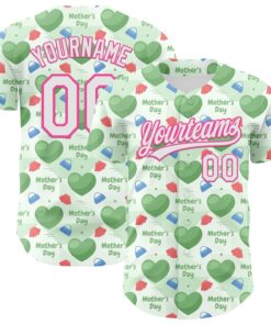 Custom Green White-Pink 3D Pattern Design Mother's Day Love Authentic Baseball Jersey