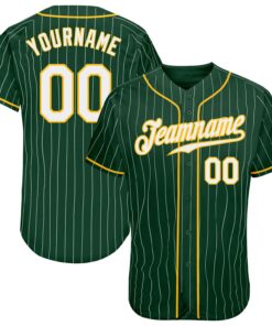 Custom Green White Pinstripe White-Gold Authentic Baseball Jersey