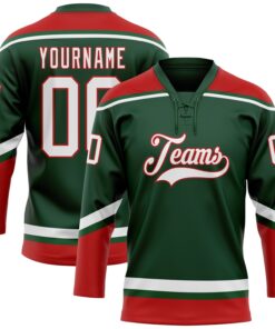 Custom Green White-Red Hockey Lace Neck Jersey