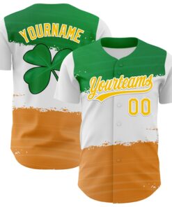 Custom Green Yellow-Texas Orange 3D St. Patrick's Day Shamrock Authentic Baseball Jersey