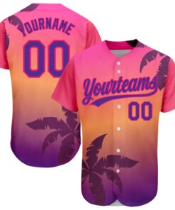 Custom Hot Pink Purple 3D Pattern Design Hawaii Palm Trees Authentic Baseball Jersey