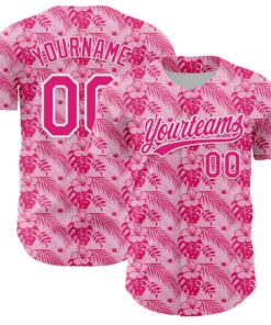Custom Hot Pink White 3D Tropical Hawaii Jungle Leaves And Flower Authentic Baseball Jersey