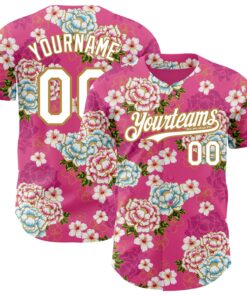 Custom Hot Pink White-Old Gold 3D Pattern Design Northeast China Big Flower Authentic Baseball Jersey