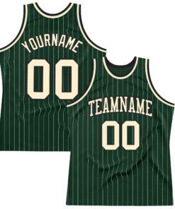 Custom Hunter Green White Pinstripe Cream-Black Authentic Basketball Jersey