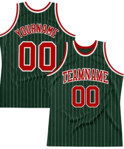 Custom Hunter Green White Pinstripe Red Authentic Basketball Jersey