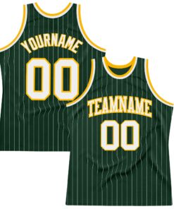 Custom Hunter Green White Pinstripe White-Gold Authentic Basketball Jersey