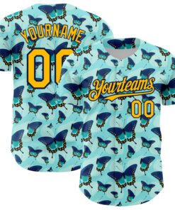 Custom Ice Blue Gold-Navy 3D Pattern Design Animal Butterfly Authentic Baseball Jersey