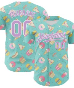 Custom Ice Blue Light Purple-White 3D Pattern Design Foodie Fast Food Burger Fries Pizza Authentic Baseball Jersey