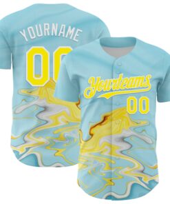 Custom Ice Blue Light Yellow-White 3D Pattern Design Abstract Liquid Fluid Art Authentic Baseball Jersey