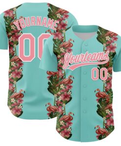 Custom Ice Blue Medium Pink-White 3D Tropical Hawaii Plant And Flamingo Authentic Baseball Jersey
