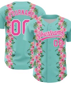 Custom Ice Blue Pink-White 3D Tropical Hawaii Jungle Leaves And Flower Authentic Baseball Jersey