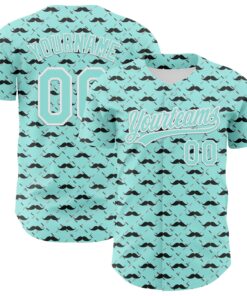 Custom Ice Blue White 3D Pattern Design Father's Day Mustache Authentic Baseball Jersey