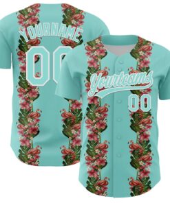 Custom Ice Blue White 3D Tropical Hawaii Plant And Flamingo Authentic Baseball Jersey