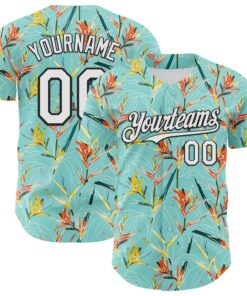 Custom Ice Blue White-Black 3D Hawaii Tropical Leaves Authentic Baseball Jersey