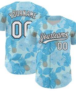Custom Ice Blue White-Black 3D Hawaii Tropical Palm Leaves And Fruit Pineapple Authentic Baseball Jersey
