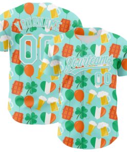 Custom Ice Blue White-Green 3D St. Patrick's Day Shamrock Beer Authentic Baseball Jersey