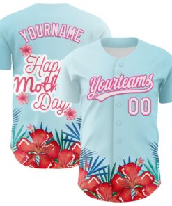 Custom Ice Blue White-Pink 3D Pattern Design Mother's Day Flower Authentic Baseball Jersey