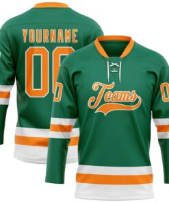 Custom Kelly Green Bay Orange-White Hockey Lace Neck Jersey