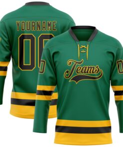 Custom Kelly Green Black-Gold Hockey Lace Neck Jersey