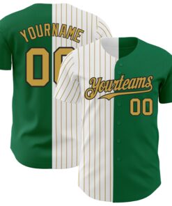 Custom Kelly Green Black-Old Gold Pinstripe Authentic Split Fashion Baseball Jersey