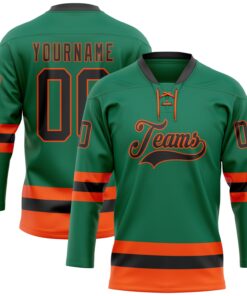 Custom Kelly Green Black-Orange Hockey Lace Neck Jersey