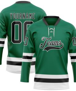 Custom Kelly Green Black-White Hockey Lace Neck Jersey