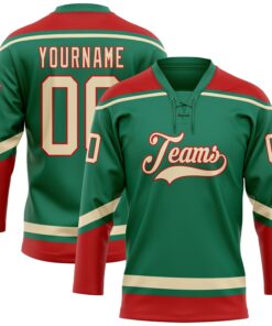 Custom Kelly Green City Cream-Red Hockey Lace Neck Jersey