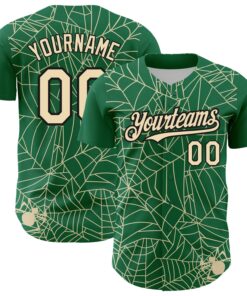 Custom Kelly Green Cream-Black 3D Pattern Design Spider Web Authentic Baseball Jersey
