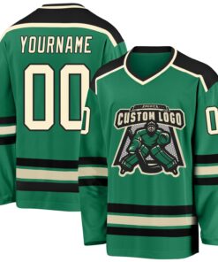 Custom Kelly Green Cream-Black Hockey Jersey