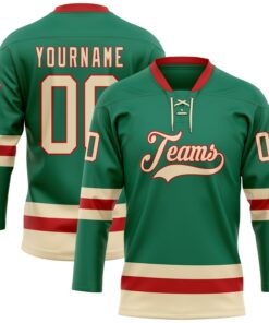 Custom Kelly Green Cream-Red Hockey Lace Neck Jersey
