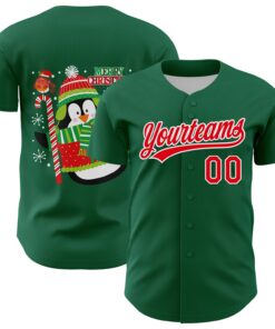 Custom Kelly Green Fire Red-White 3D Funny Christmas Authentic Baseball Jersey