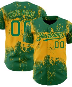 Custom Kelly Green Gold 3D Pattern Design Abstract Splatter Grunge Art Authentic Baseball Jersey