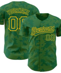 Custom Kelly Green Gold 3D Pattern Design Curve Lines Authentic Baseball Jersey