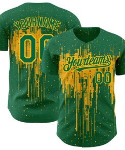 Custom Kelly Green Gold 3D Pattern Design Dripping Splatter Art Authentic Baseball Jersey