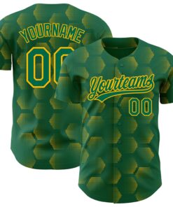 Custom Kelly Green Gold 3D Pattern Design Halftone Geometric Shapes Authentic Baseball Jersey