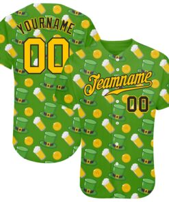 Custom Kelly Green Gold-Black 3D Pattern Design Authentic St. Patrick's Day Baseball Jersey