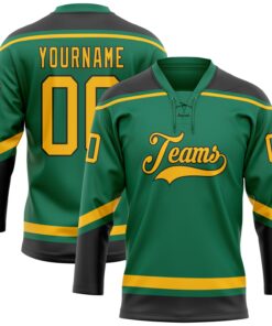 Custom Kelly Green Gold-Black Hockey Lace Neck Jersey
