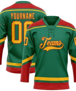Custom Kelly Green Gold-Red Hockey Lace Neck Jersey