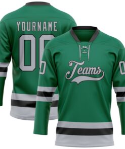 Custom Kelly Green Gray-Black Hockey Lace Neck Jersey