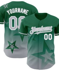 Custom Kelly Green Gray-White 3D Pattern Design Gradient Style Twinkle Star Authentic Baseball Jersey