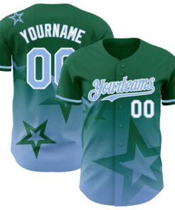 Custom Kelly Green Light Blue-White 3D Pattern Design Gradient Style Twinkle Star Authentic Baseball Jersey