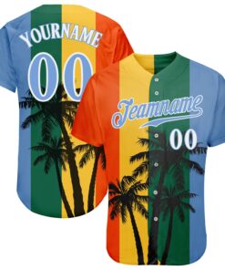 Custom Kelly Green Light Blue-White 3D Pattern Design Hawaii Coconut Trees Authentic Baseball Jersey