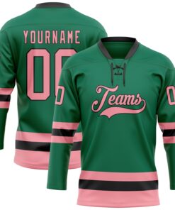 Custom Kelly Green Medium Pink-Black Hockey Lace Neck Jersey
