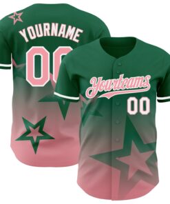 Custom Kelly Green Medium Pink-White 3D Pattern Design Gradient Style Twinkle Star Authentic Baseball Jersey