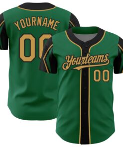 Custom Kelly Green Old Gold-Black 3 Colors Arm Shapes Authentic Baseball Jersey