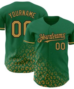 Custom Kelly Green Old Gold-Black 3D Pattern Design Leopard Print Fade Fashion Authentic Baseball Jersey