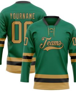Custom Kelly Green Old Gold-Black Hockey Lace Neck Jersey