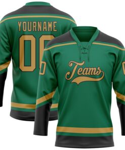 Custom Kelly Green Old Gold-Black Hockey Lace Neck Jersey
