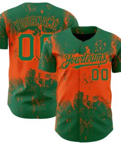 Custom Kelly Green Orange 3D Pattern Design Abstract Splatter Grunge Art Authentic Baseball Jersey